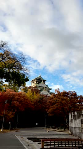 Osaka Castle Surrounded by Moat and Autumn Foliage