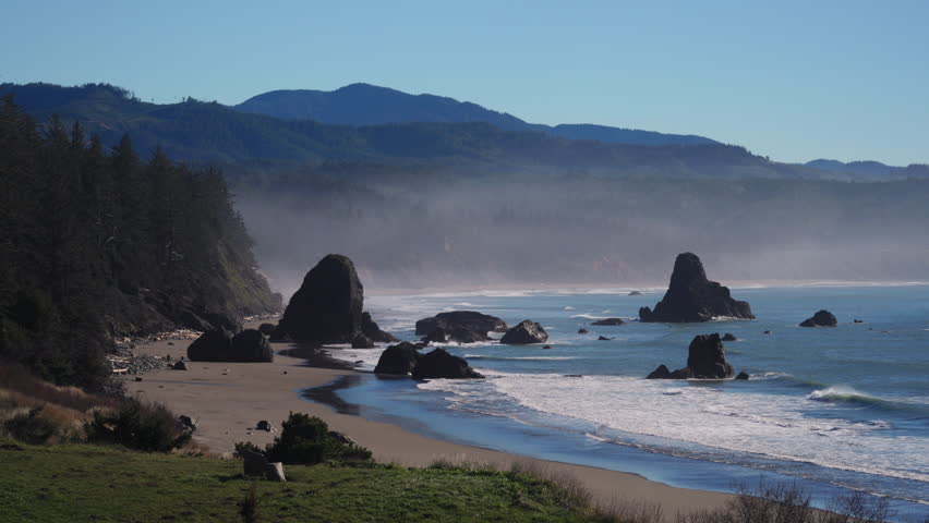 Wide coastal view of rocky Oregon Coast beach with sea stacks, ocean waves and forested cliffs. Natural light, fresh air and calm atmosphere showing wild Pacific shoreline.