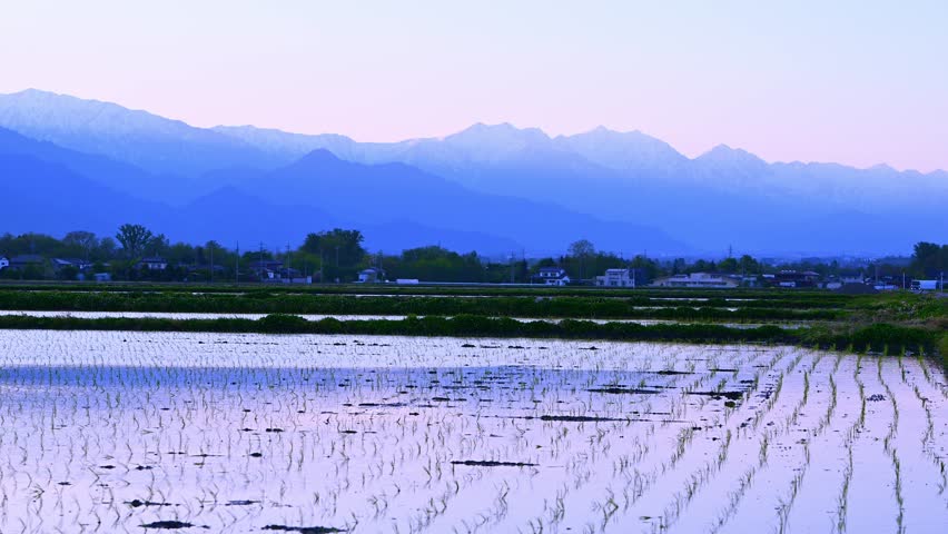 Dramatic sunset reflection of Northern Alps and Mt. Ariake in a rice paddy field in Azumino, Nagano, Japan.