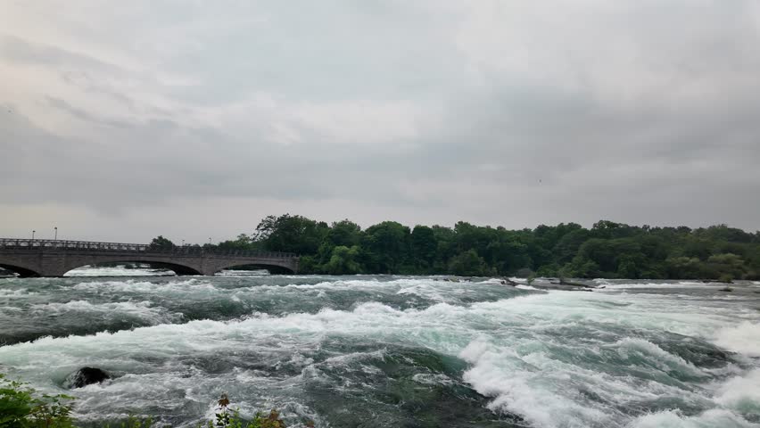 Powerful niagara river rapids flowing under bridge