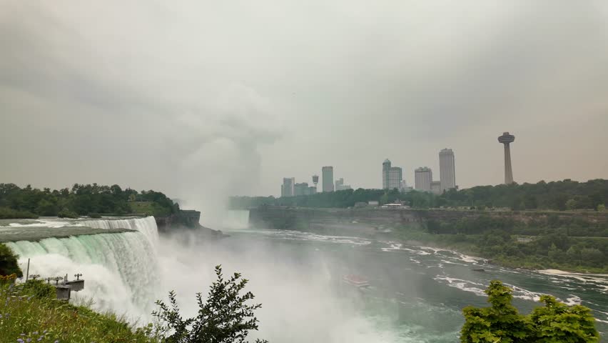 American and horseshoe falls with niagara falls skyline