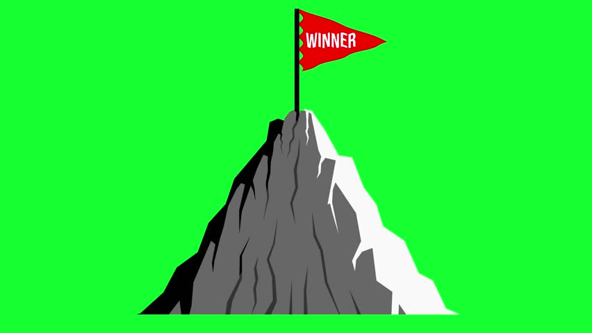 Seamless the winner's flag flutters on the mountaintop isolated on green screen.