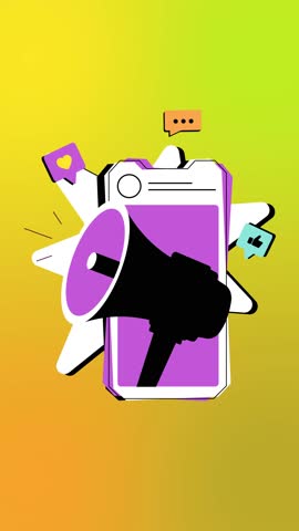 Social media engagement animation drives viral marketing with dynamic hearts, megaphone blasts and analytics bursts in vertical 7-second 2D motion graphic for 2026 social audience growth, brand love