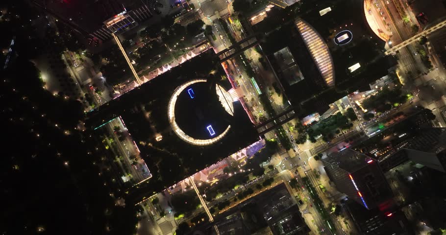 Shenzhen ,China - June 12, 2022: Aerial footage of night cityscape in downtown of shenzhen city, China