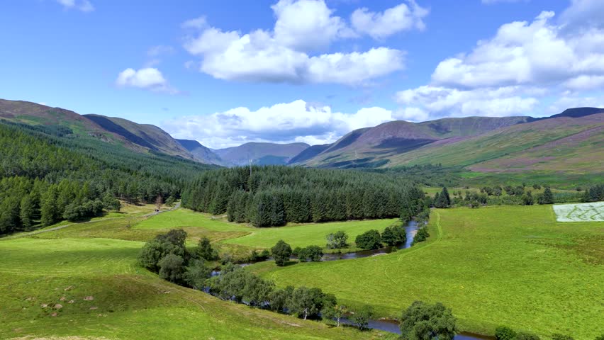 Drone footage captures scenic valley with river and forest under blue sky