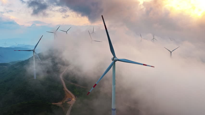 Modern wind turbines on a misty mountain ridge generating green energy in the morning