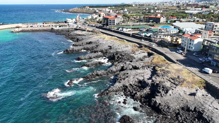eautiful port in Jeju island, South Korea. stone salt field