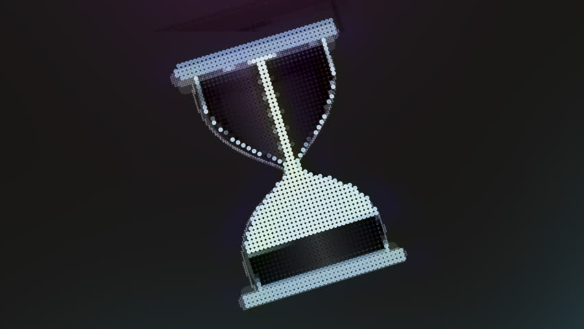 Minimalistic digital hourglass animation composed of glowing dots, illustrating time management, data depletion, process duration, and the finite nature of digital resources.