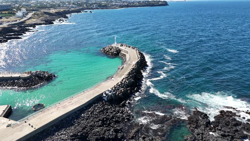 eautiful port in Jeju island, South Korea. stone salt field