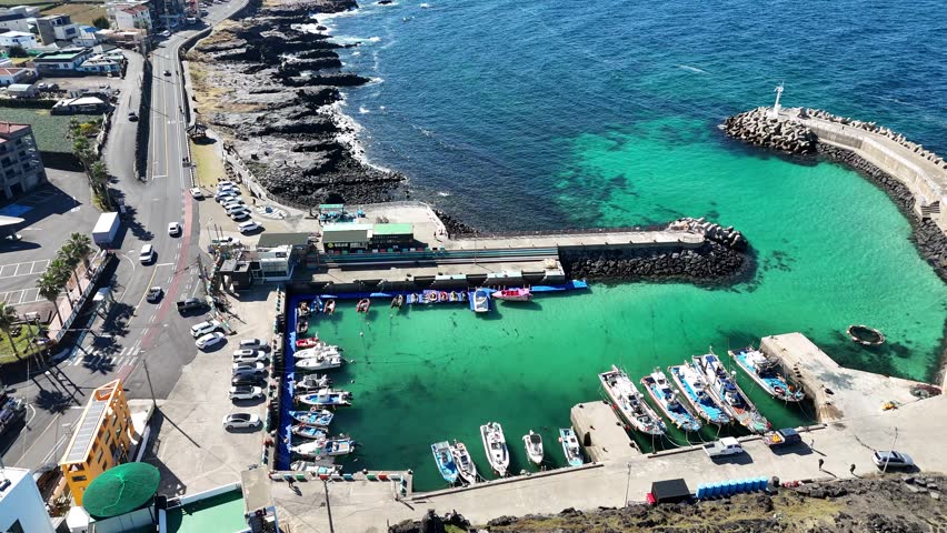 eautiful port in Jeju island, South Korea. stone salt field