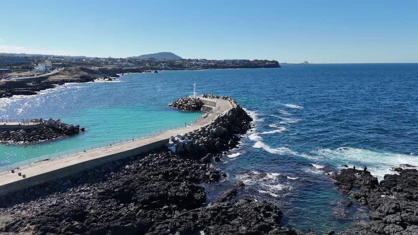 eautiful port in Jeju island, South Korea. stone salt field