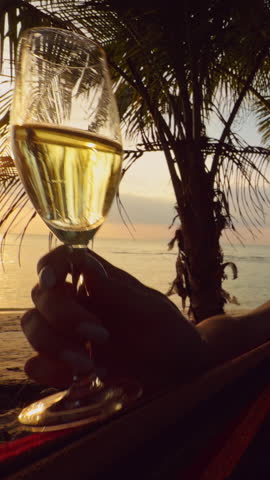 Vertical video. Woman Drinking Champagne While Lying in Hammock Under Palm Trees by Ocean at Sunset Showing Relaxation and Tropical Evening Atmosphere.