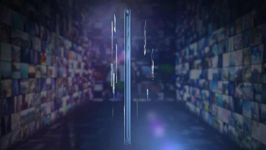 Smartphone showing a media gallery application with various images and videos flying out from its screen