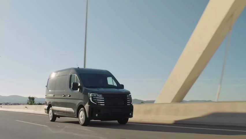 Delivery van in the city. Express delivery, shipping and logistics concept.