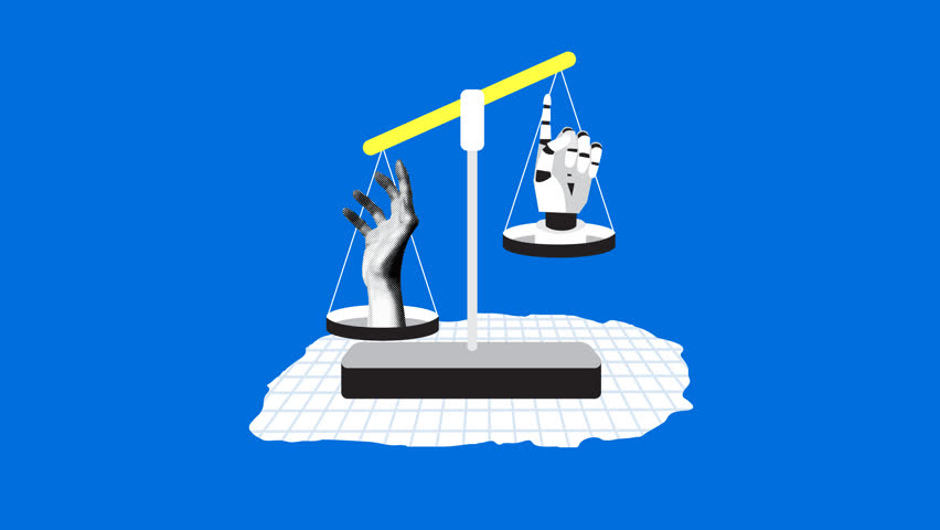 Weighing scales with human hand and robot hand. Fight between human and artificial intelligence. Concept of future technologies. Machine learning. Contest between human and cyborg. Collage animation