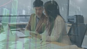 Animation of statistical data processing over businessman and businesswoman discussing at office. Business data technology concept - Powered by Shutterstock - Get 15% off with code: PIKWIZARD15