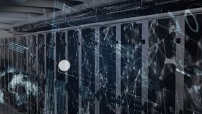 Animation of network of profile icons and interface with data processing against server room. Global networking and business data storage technology concept - Powered by Shutterstock - Get 15% off with code: PIKWIZARD15