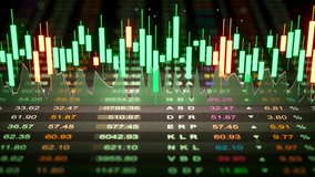 Looped 3D animation of glowing green and red candlestick charts over dynamic market data. Modern financial background ideal for trading, analytics, fintech, and investment visuals. - Powered by Shutterstock - Get 15% off with code: PIKWIZARD15