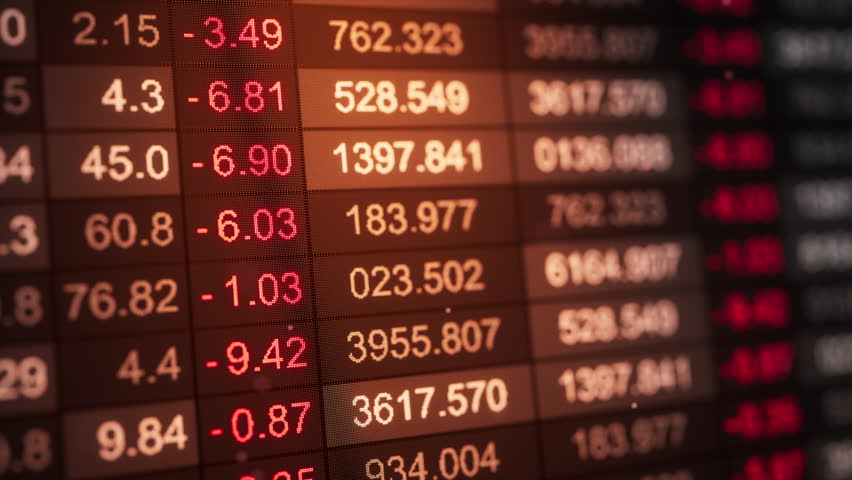 Seamless loop 3D animation of a stock market ticker table with red negative price changes and numeric rows on a warm dark screen, ideal for trading, finance, news, and analytics.
