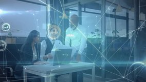 three professionals collaborating in business office showing floating network lines and data charts. Corporate, teamwork, digital, innovation, modernity, communication, strategy - Powered by Shutterstock - Get 15% off with code: PIKWIZARD15