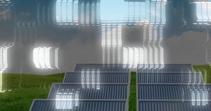 Ground-mounted solar panels generating energy on grassy field, binary code floating overhead. Renewable, technology, futurism, ecology, sustainability, digital, innovation - Powered by Shutterstock - Get 15% off with code: PIKWIZARD15