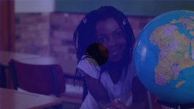 Animation of network of connections over diverse schoolgirls with globe. global connections, networks, education and travel concept digitally generated video. - Powered by Shutterstock - Get 15% off with code: PIKWIZARD15