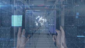 Animation of 5g text banner and hand holding futuristic tablet against computer server room. Global networking and business data storage technology concept - Powered by Shutterstock - Get 15% off with code: PIKWIZARD15