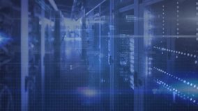 Animation of blue light trails and data processing against empty computer server room. Computer interface and business data storage technology concept - Powered by Shutterstock - Get 15% off with code: PIKWIZARD15