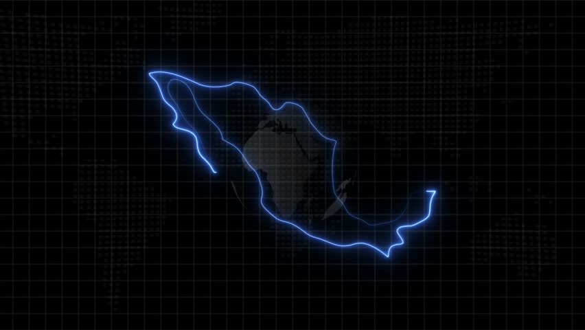 Mexico Neon Outline Map In Bright Blue On Digital World Map glowing