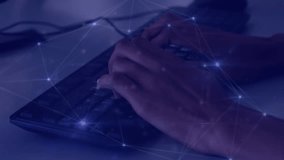 Animation of data processing over hands using computer. Global business and digital interface concept digitally generated video. - Powered by Shutterstock - Get 15% off with code: PIKWIZARD15