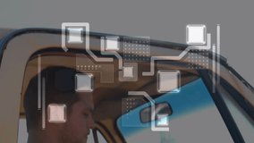 Animation of connections and data processing over man in car. Global connections, computing and data processing concept digitally generated video. - Powered by Shutterstock - Get 15% off with code: PIKWIZARD15