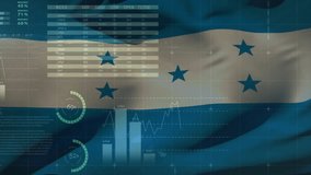 Animation of financial data processing over flag of honduras. Global business, finances, computing and digital interface concept digitally generated video. - Powered by Shutterstock - Get 15% off with code: PIKWIZARD15