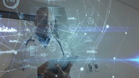 male doctor tapping tablet in clinical room, displaying holographic health data graphs. Medical, technology, futuristic, healthcare, digital, professional, innovation - Powered by Shutterstock - Get 15% off with code: PIKWIZARD15