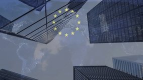 After view settling Europe network map fading in while stars circling pulsing representing EU unity. Technology, infrastructure, connectivity, urban, innovation, data, digital - Powered by Shutterstock - Get 15% off with code: PIKWIZARD15