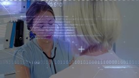 Physician entering placing stethoscope on patient chest monitoring heartbeat amid code overlay. Medical, healthcare, technology, diagnostics, clinical, professionalism, innovation - Powered by Shutterstock - Get 15% off with code: PIKWIZARD15