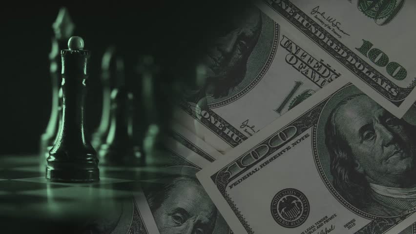 Playing chess on a background of dollars. Business and strategy concept. 4K.
