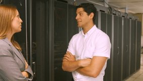 Animation of world map over diverse business people in server room. global business, technology and digital interface concept digitally generated video. - Powered by Shutterstock - Get 15% off with code: PIKWIZARD15