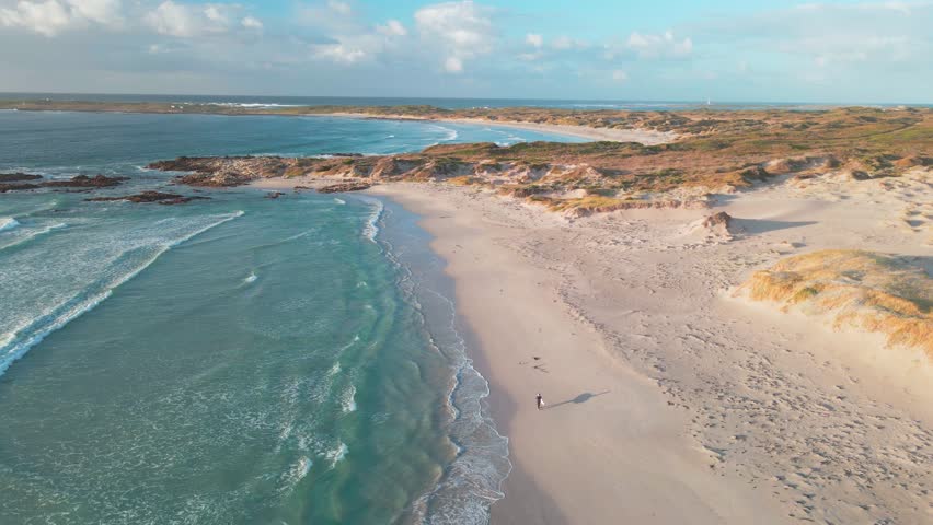 Aerial view of sufer walking on the sandy beach meeting the turquoise ocean, with rocky outcrops and dunes covered in vegetation, Betty's Bay, Western Cape, South Africa.