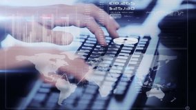 Animation of data processing and world map over hands using computer. Global business and digital interface concept digitally generated video. - Powered by Shutterstock - Get 15% off with code: PIKWIZARD15