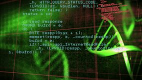 Animation of dna helix rotating over computer code and digital data processing on grids. Multiple exposure, composite, health technology, science, artificial intelligence, computer language. - Powered by Shutterstock - Get 15% off with code: PIKWIZARD15