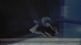 Animation of hands of caucasian businessman using technology with globe, database and math equations. Digital composite, multiple exposure, globalization, sums, futuristic and communication concept. - Powered by Shutterstock - Get 15% off with code: PIKWIZARD15