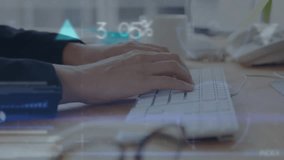 Animation of data processing over mid section of businesswoman typing on keyboard at office. Business data technology concept - Powered by Shutterstock - Get 15% off with code: PIKWIZARD15