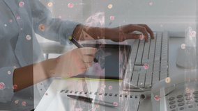 Animation of financial data processing over male graphic designer using graphic tablet at office. Global networking and business technology concept - Powered by Shutterstock - Get 15% off with code: PIKWIZARD15