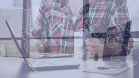 Animation of data processing over caucasian businesswoman using tablet. Global business, finances and digital interface concept digitally generated video. - Powered by Shutterstock - Get 15% off with code: PIKWIZARD15