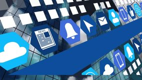 Money globe floating above glass skyscraper, stretching blue banner and floating hex icons. Finance, skyscraper, digital, technology, innovation, skyline, connectivity - Powered by Shutterstock - Get 15% off with code: PIKWIZARD15