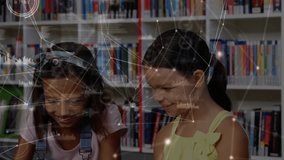 Girls reaching for tablets in library powering screens and learning with data overlay intensifying. Technology, education, collaboration, innovation, youth, digital, learning - Powered by Shutterstock - Get 15% off with code: PIKWIZARD15
