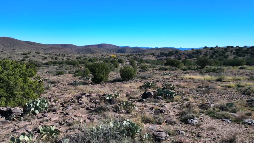 Aerial view of the arid Agua Fria landscape under a clear blue sky, featuring scattered vegetation and distant mountains, Black Canyon City, Arizona, United States.