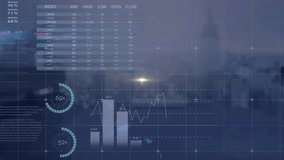 Animation of world map, graphs and charts processing data with lights over cityscape. Global communication, business, data and digital interface concept digitally generated video. - Powered by Shutterstock - Get 15% off with code: PIKWIZARD15