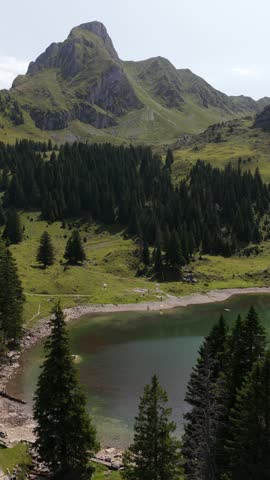 Scenic aerial view of an alpine lake and mountains