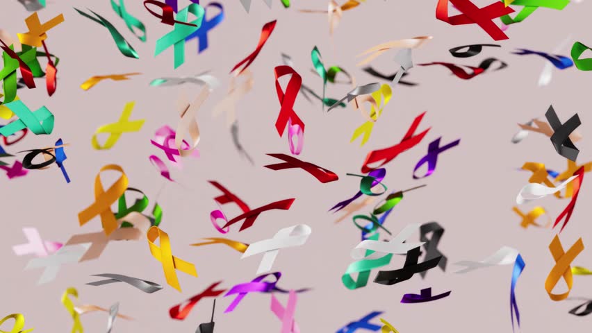 World Cancer Day looping video with multiple awareness ribbons for different types of cancer falling in slow motion on a soft color background in 3D animation